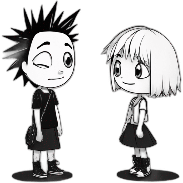 (a black and white dog) and a girl with black spiky hair looking at each other in style of ((sarah andersen)), black and white,sarah andersen,cartoon,drawn,sketch emoji