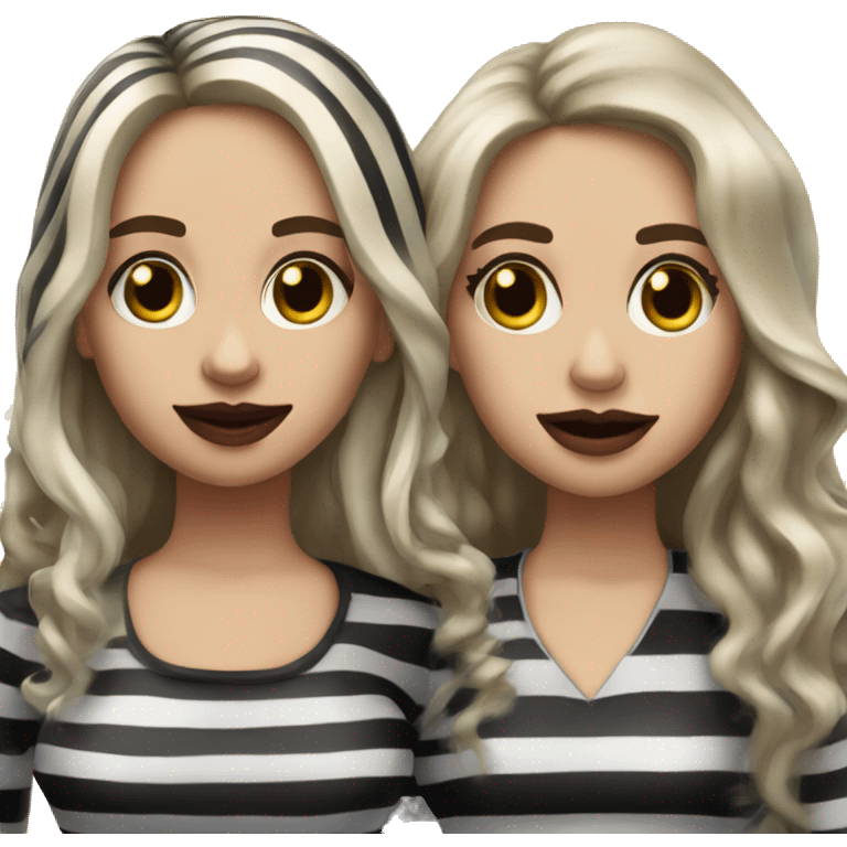 3 Beetlejuice Sisters.  First with layered shoulder length hair.  Second with dark brown wavy long hair.  Third with long blond hair. emoji