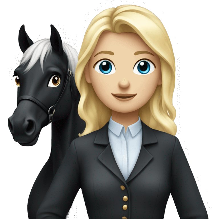 blonde equestrian girl with blue eyes standing next to a black horse emoji