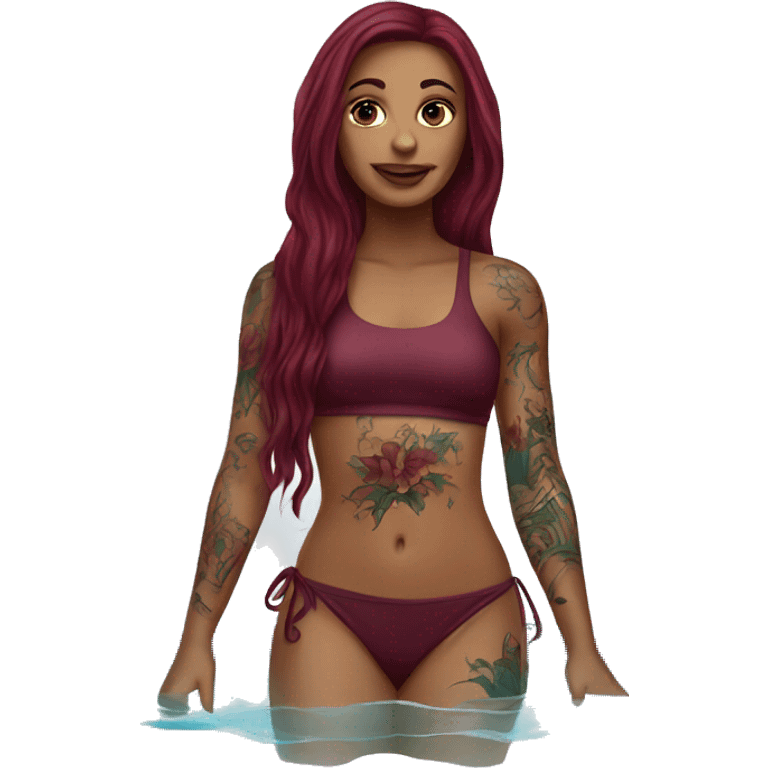 Beautiful tattooed  burgundy long haired woman swimming in a pool emoji