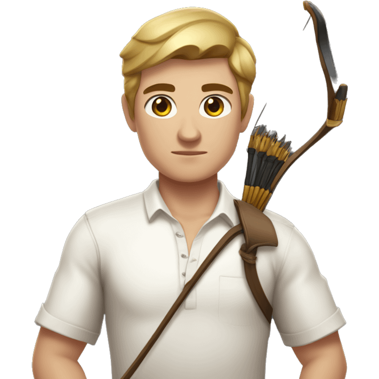 a male archer with a bow, wearing a white shirt, very short brown hair, bright skin, only show upper part of the body from waist up emoji