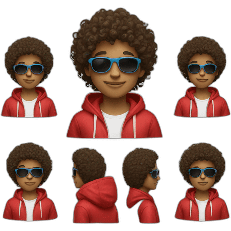 Boy with curly hair and sunglasses red hoodie emoji