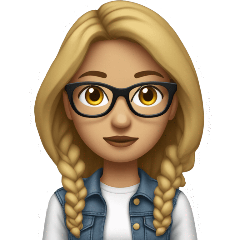 chica blanca con gafas, ojos marrones cabello largo negro, flaca, buen perfil, camiseta blanca y jean azul zapatos nike emoji