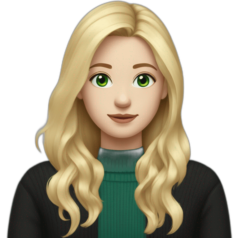 Fair skinned girl with green-blue eyes, just past shoulder length blonde hair, black sweater emoji