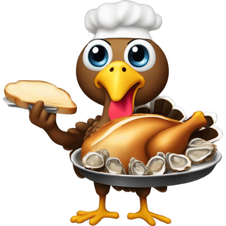 Turkey holding burning slice of toast and pan of oysters emoji