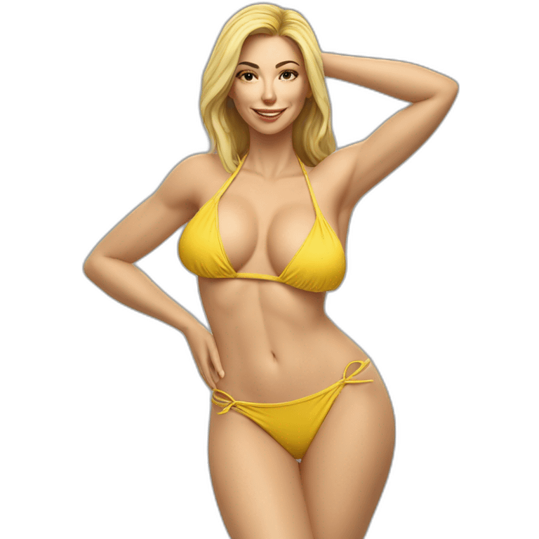 Sexy pose soft-fit Caucasian woman yellow bikini (beach body) bed realistic emoji