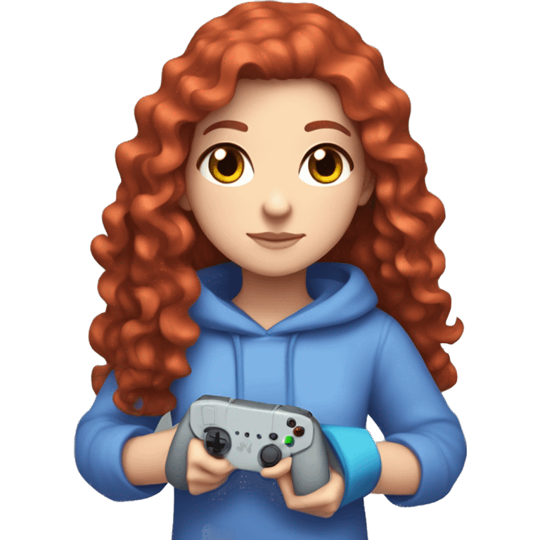 a white girl with long red curly hair, wearing periwinkle Minecraft hoodie holding a controller emoji