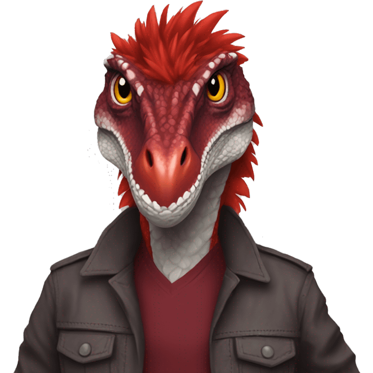 Cool edgy sexy handsome Maroon-colored velociraptor with bright-red messy mane full body emoji