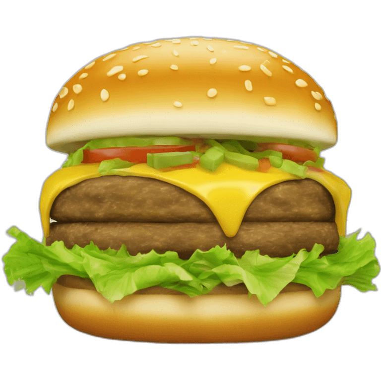 Cheeseburger with shredded lettuce, onion, pickles, special sauce emoji