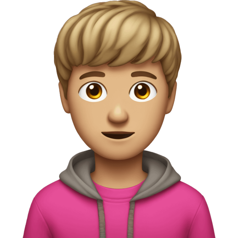 white boy Boy with a birdnest type haircut, brown bowl-cut wearing bright pink clothes  emoji