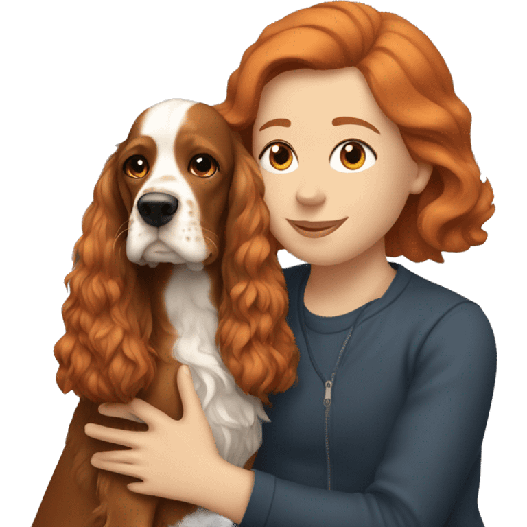 A gild with red hair cuddling an English Cocker Spaniel. emoji