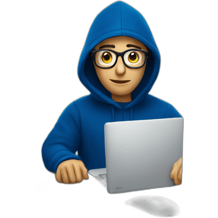 Adult with glasses with a dark blue hood behind his computer and focus on his code  emoji