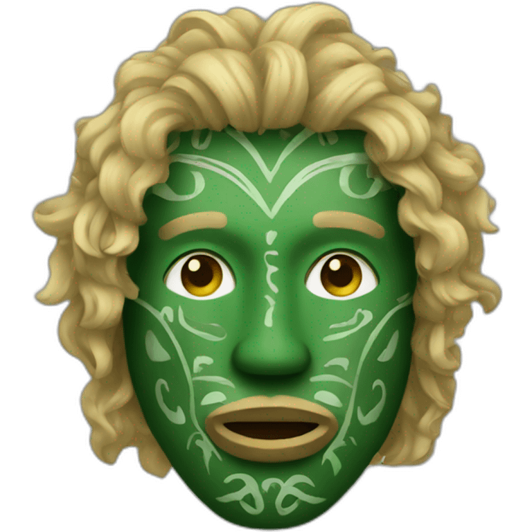 A man wearing a green wooden tribal mask with medium length blonde curly hair emoji