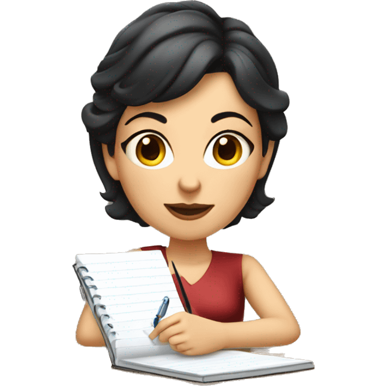 white skin mom with short dark hair writing  a notebook on a wooden desk  emoji