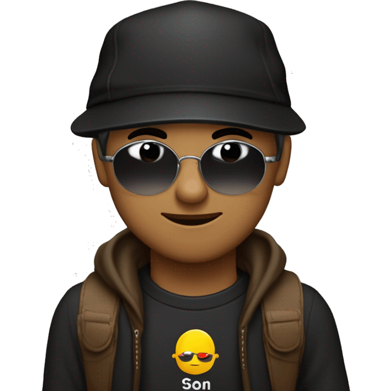 Ein Junge mit kurzen haaren, dessen seiten auf null Millimeter sind der ein schwarzes tshirt an hat, Sonnenbrille, jedoch seine Augen noch leicht erkennt. braune Augen, lächelt leicht und hält eine haarschneidemaschine in der Hand  emoji