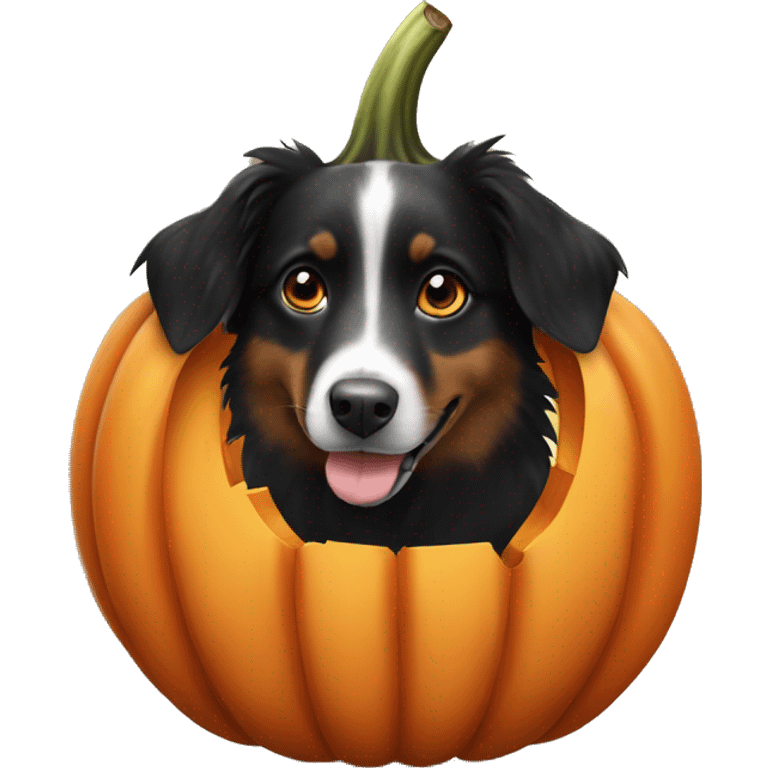 Small black australian shepherd dog in a pumpkin emoji