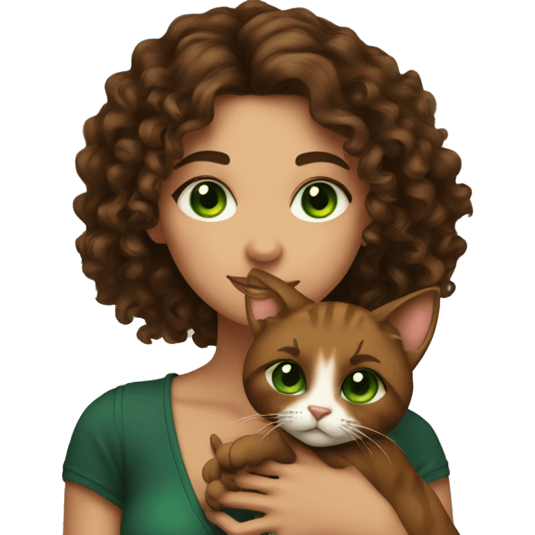 Long curly brunette girl with tattoos holding a brown cat with green eyes emoji