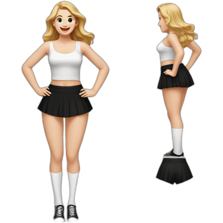 realistic full body caucasian curvy beauty jumping short black skirt back and front views strong wind white knickers long white socks emoji