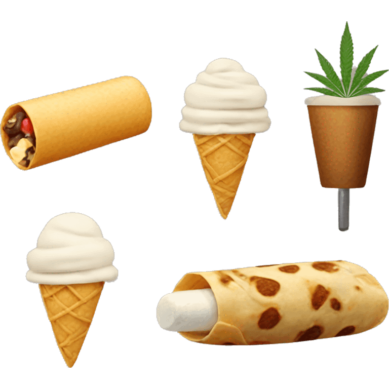 Burrito emoji, ice cream emoji, dumbbell, and marijuana emoji