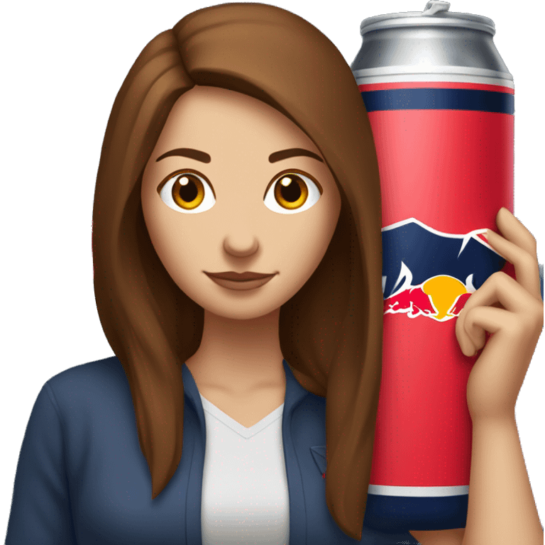 White woman with long brown hair at computer holding Red Bull emoji