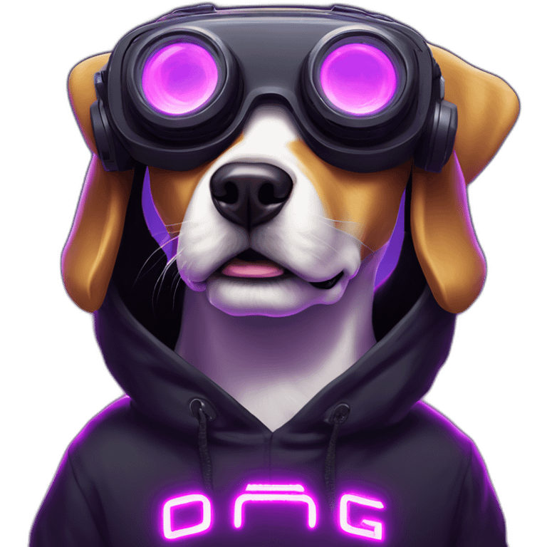 funny dog wearing a black hoodie with "OMG" letters on it and VR headset in a cyberpunk VR environment with violet neon lighting. emoji