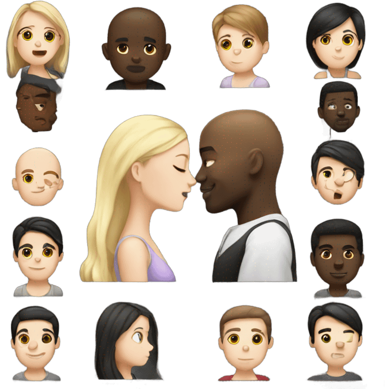 White girl dark hair kissing bald black man emoji