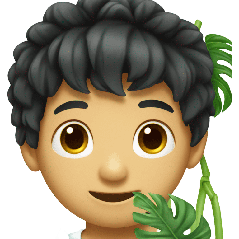 Asian boy with black hair holding monstera plant emoji