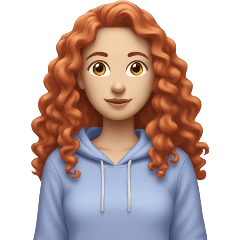 white girl with long red curly hair, wearing a pastel periwinkle hoodie doing a pose emoji