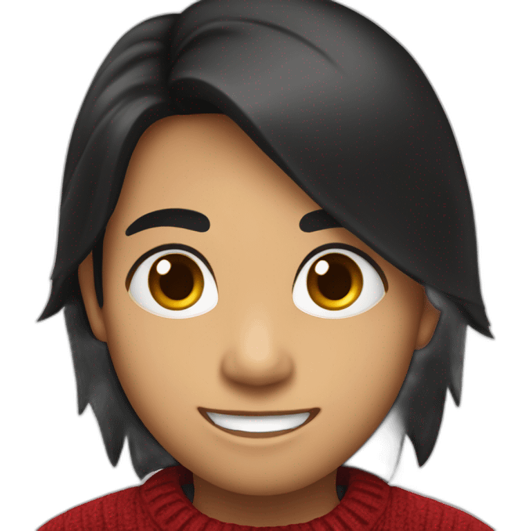 smiling and pointing north indian kid with chubby cheeks black hair wearing a dark red sweater emoji