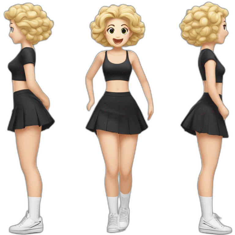 alistic-full-body-caucasian-curvy-beauty-jumping-short black-skirt-back-and-front-views-strong-wind-knickers-long-white-socks emoji