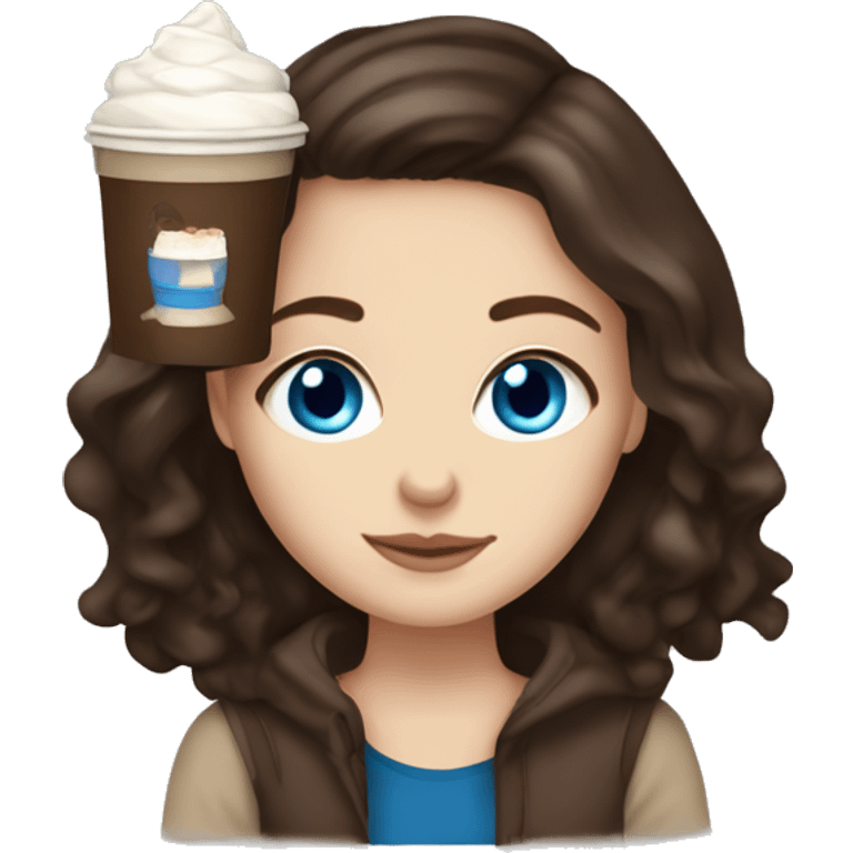 white girl with dark brown long hair, blue eyes, and a hot chocolate emoji