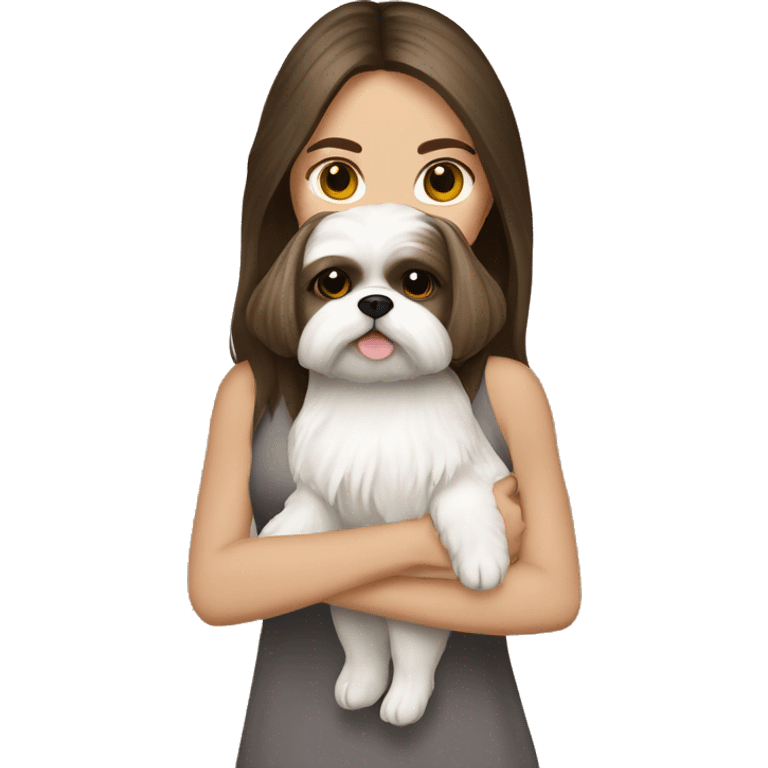 Young brunette hair woman with a cream shih tzu in her arms long hair emoji