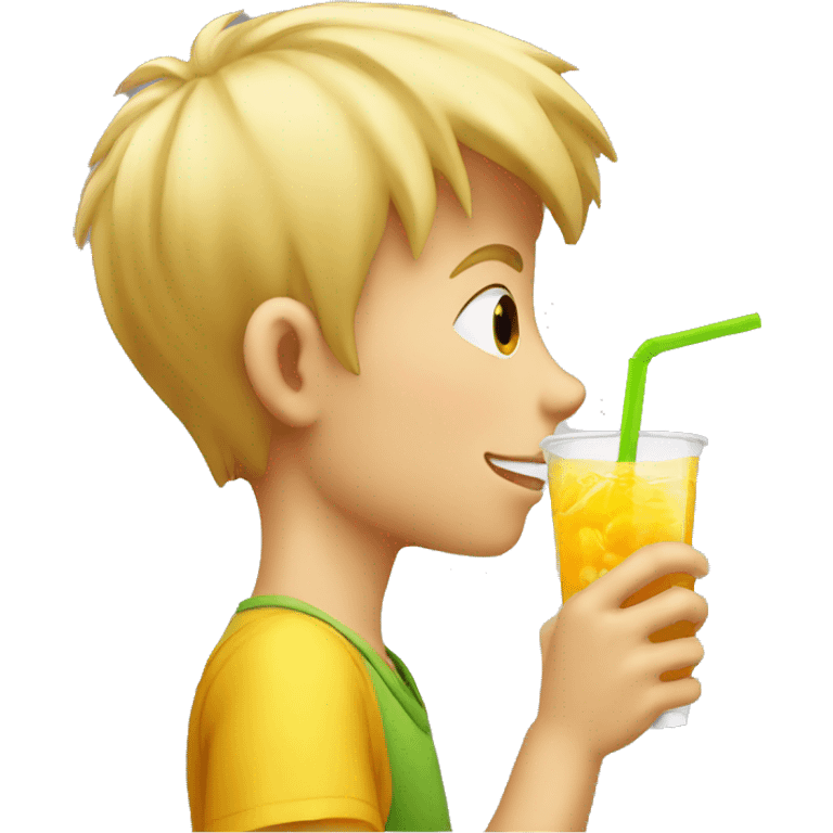 A blonde boy sucking juice with a straw while his hand is holding the drink, profile view emoji