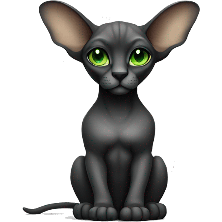 Pretty sphinx black or gray with big ears and green eyes. Sitting and licking  emoji