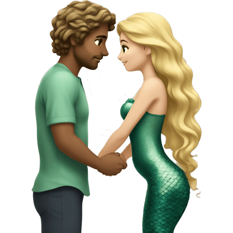 Intimate moment of Lovers. She is a mermaid, has blond wavy Hair and brown eyes. He is tall, dark haired and has green eyes.  emoji