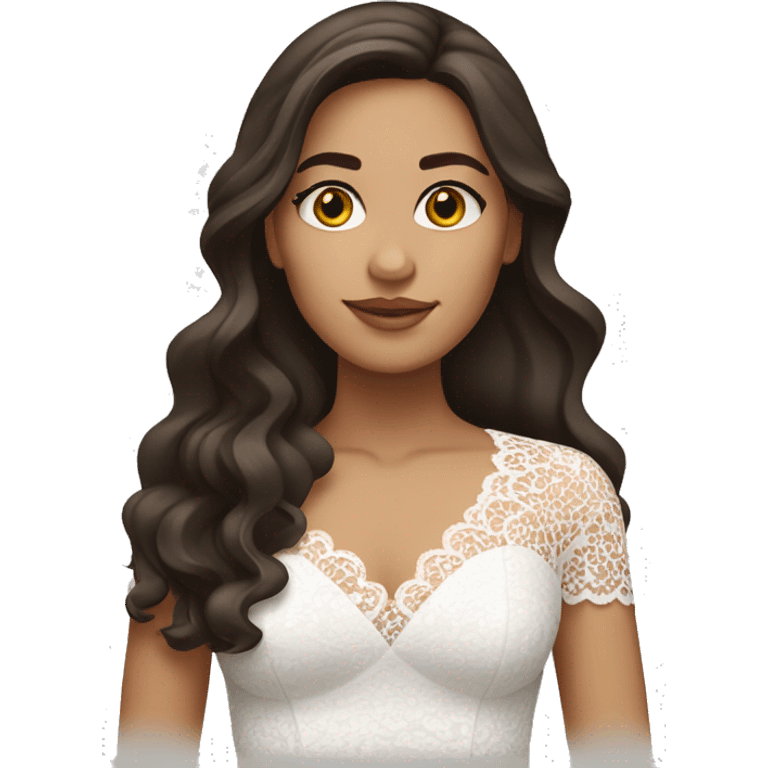 Adult woman with brown eyes, light tanned skin, long wavy dark brown hair, wearing a white lace dress emoji