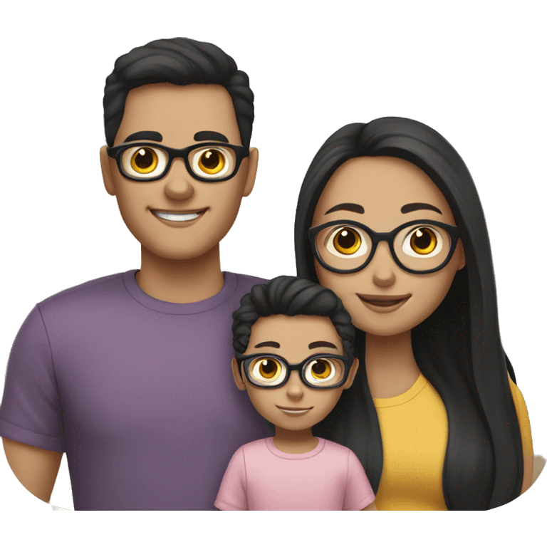 a family emoji with a big brother with glasses, younger brother and a baby sister ( white skin tone, black hair) emoji