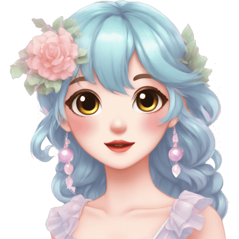 Gorgeous anime style lady with blushing face and accessories cottagecore fairycore Kawaii anime colorful pearly romantic aesthetic trending style emoji