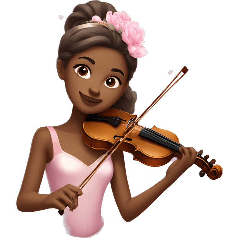 ballet brunette with brown skin girl with soft pastel tutu playing violin with peonies and sparkles realistic coquette emoji