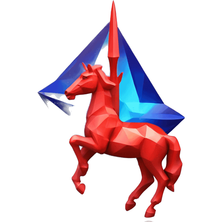 A Sagittarius sculpture with a geometric, faceted design. The Sagittarius is standing upright with angular and baroque features. The vibrant red with blue accent flame colors highlights the sharp edges and planes. emoji