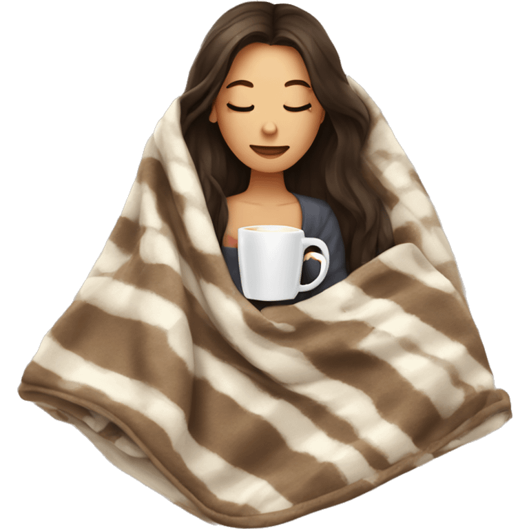 Brunette girl inside a blanket sipping coffee eyes closed emoji