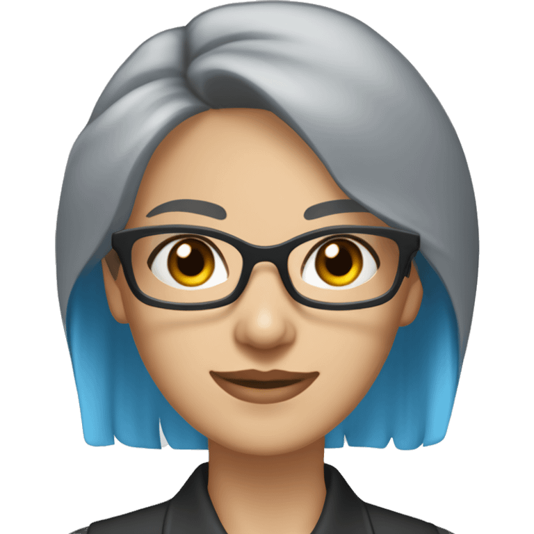 Caucasian woman with chin length choppy blue hair and grey eyes wearing light grey square-shaped glasses and a black collared shirt emoji