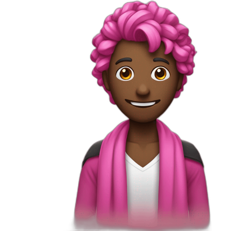 es un personaje con el pelo puntiagudo y una bufanda. El personaje tiene una bufanda rosa alrededor del cuello. El personaje tiene el pelo puntiagudo que es negro emoji