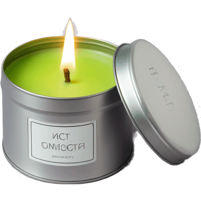 realistic lit matcha scented candle in a silver tin with a small white label that says ‘matcha’ emoji