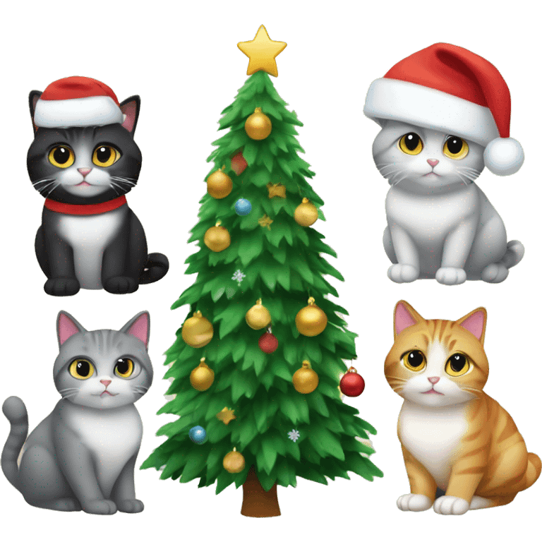 Four different cats sitting under a Christmas tree  emoji