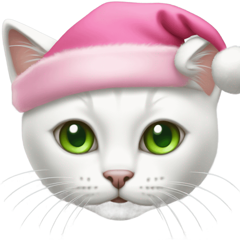 white cat with green eyes wearing pink santa hat emoji