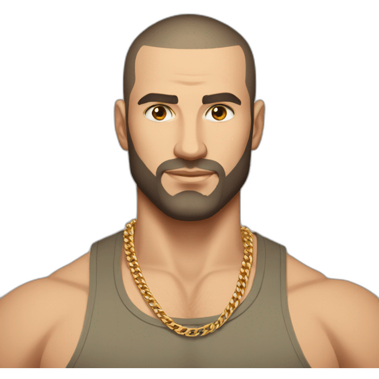 Russian muscular man aged 26 wearing gold chain with black buzz cut hair and short beard emoji