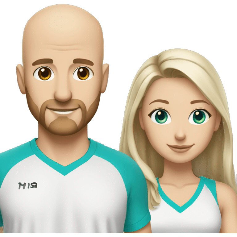 White couple, 35 yro, in pickleball clothes. Male bald= beard, white, bald, aqua eyes. Female = long light brown hair, aqua eyes.  emoji