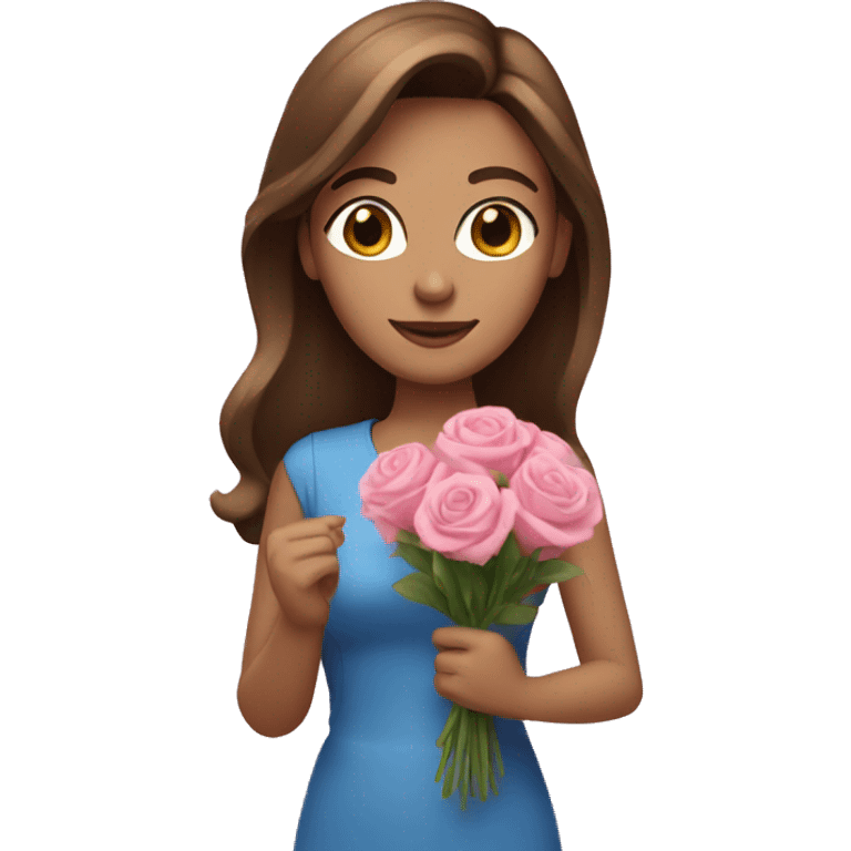 woman with blue eyes brown hair and pink bouquet in the hand emoji