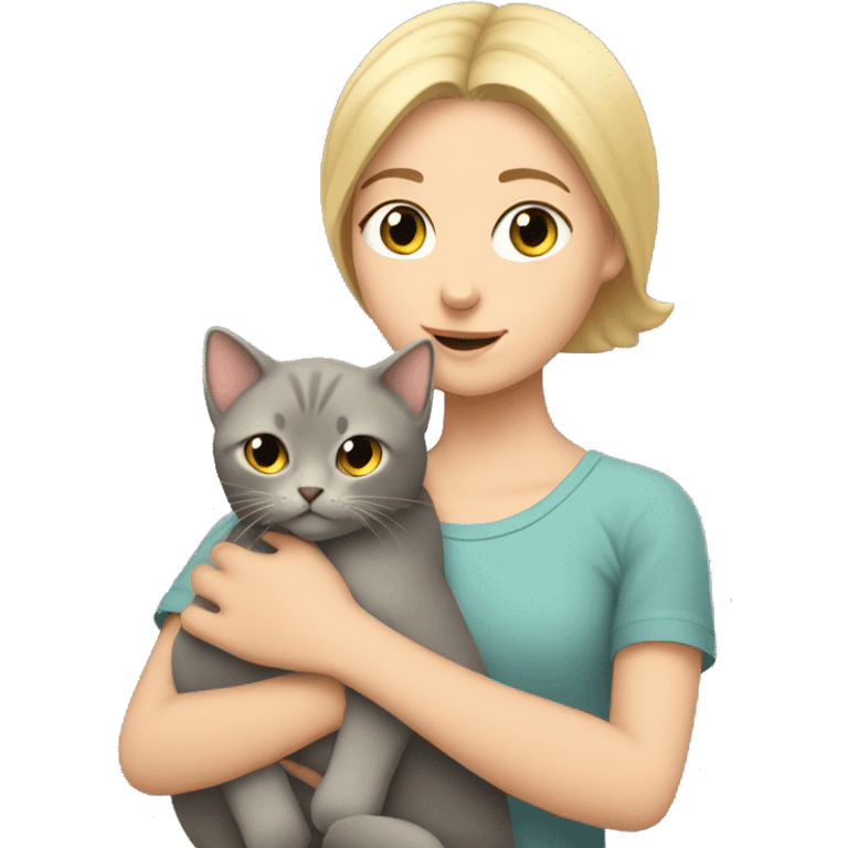 blonde girl with short hair holds a gray fold-eared cat in her arms emoji